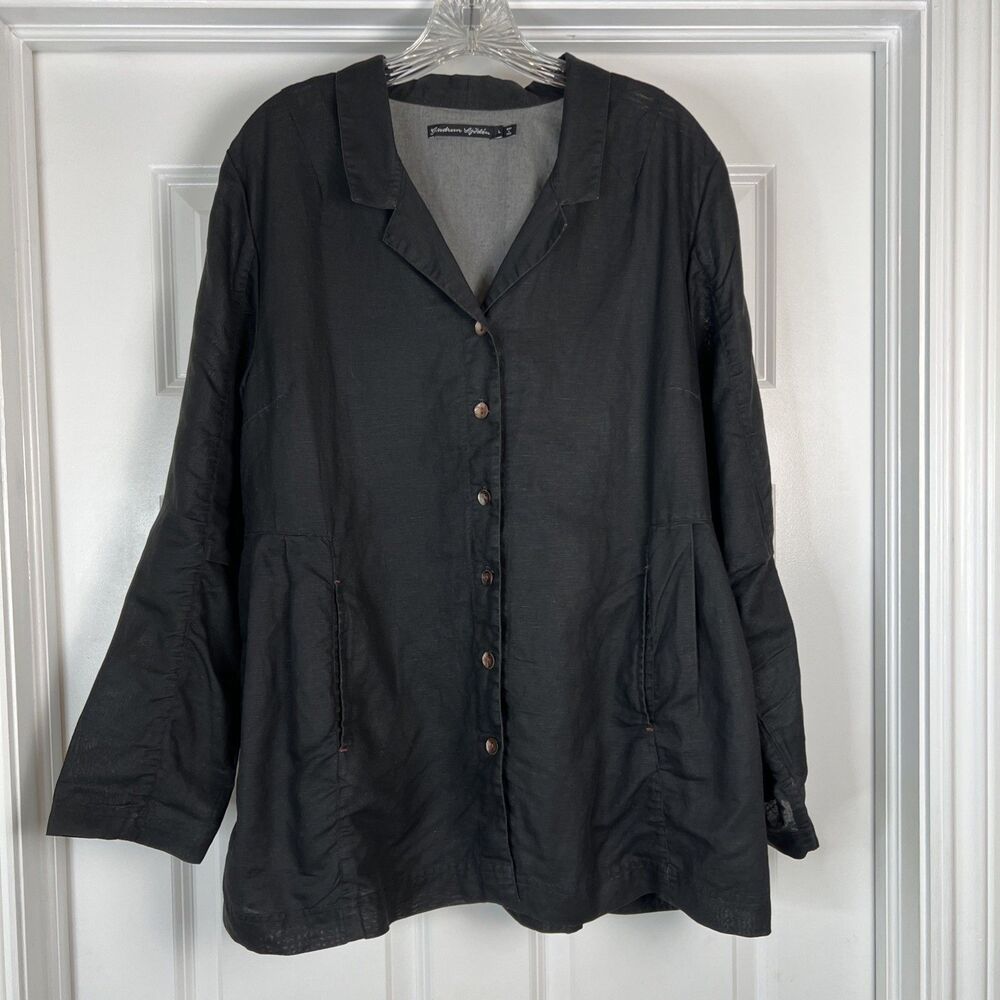 Gudrun Sjoden L Button Up Blouse Long Sleeve Linen Blend Pockets Black Lagenlook